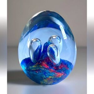 Art Glass Swirl Rainbow Bubble Egg Shape Paper Weight 4” x 3” (VTG?)